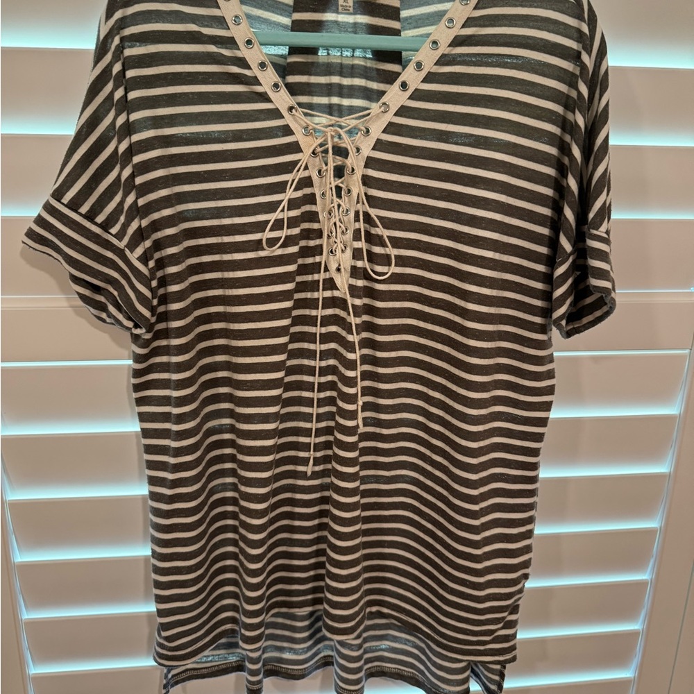 Umgee Gray and Cream Striped Top